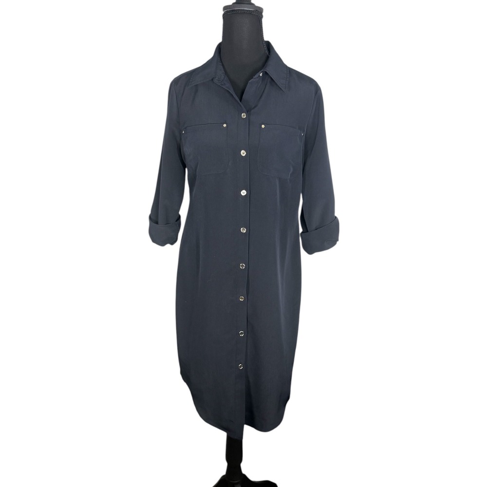 The Limited Womens 0 Navy Blue Shirt Dress Button Front Roll Tab Sleeve